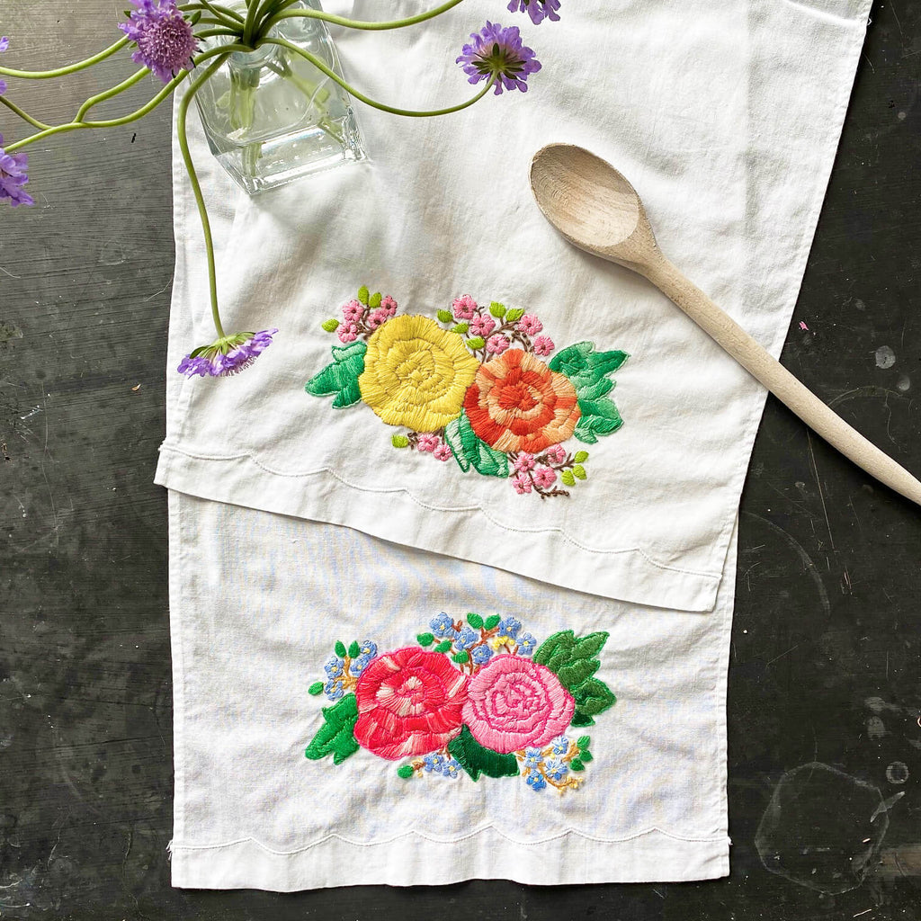 Vinatge Emboidered Floral Tea Towels - Set of Two - Pink Yellow and Orange Flowers Cottage Style
