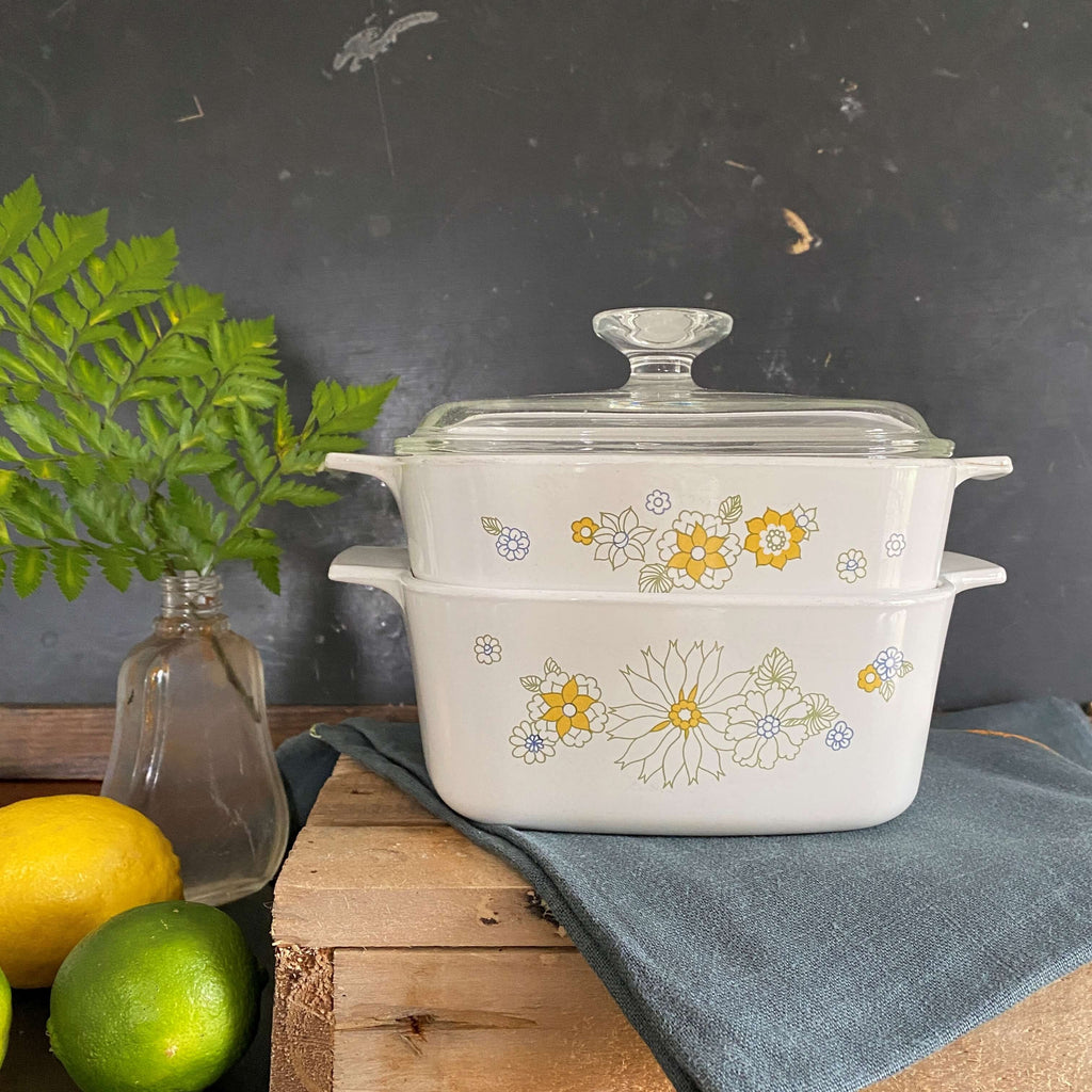 Vintage Corningware Floral Bouquet Casserole Set - 1 and 1/2 qt Set of Two