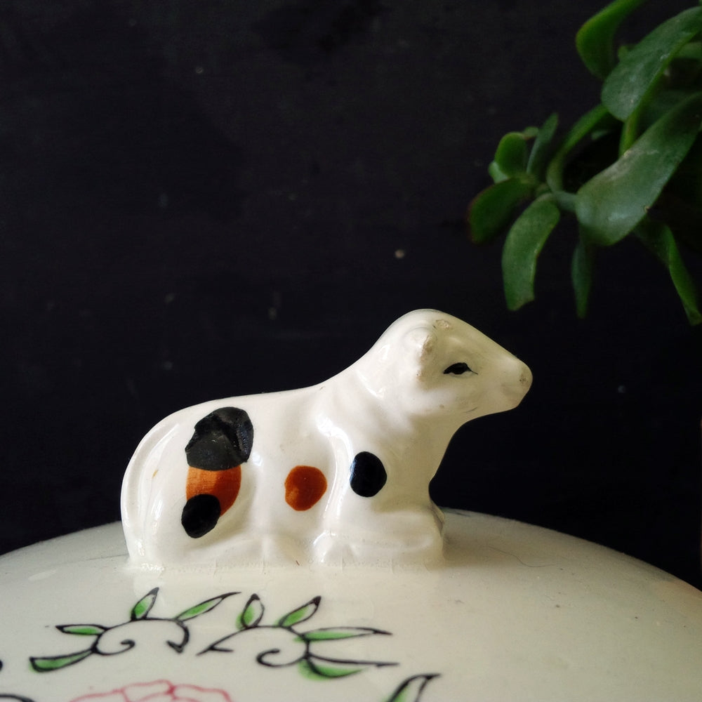 Vintage Cow & Rooster Covered Dish - Handpainted Crock for Butter and Cheese - 1960's Japanese Kitchenware