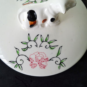 Vintage Cow & Rooster Covered Dish - Handpainted Crock for Butter and Cheese - 1960's Japanese Kitchenware