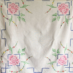 Vintage Embroidered Square Tablecloth 32x34 Cross Stitch Roses & Florals