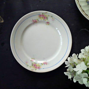 Crown Potteries Co Vintage Floral Plate - Pink Roses with Blue Stripe C.P.Co - 1920s