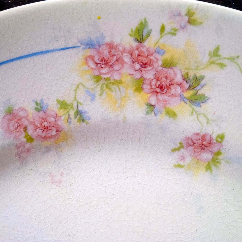 Crown Potteries Co Vintage Floral Plate - Pink Roses with Blue Stripe C.P.Co - 1920's