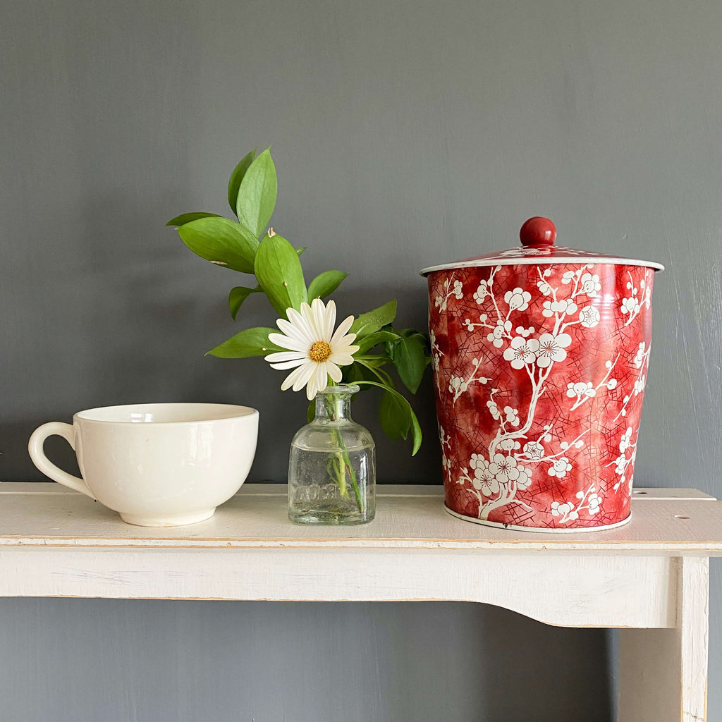 Vintage Daher Tin - Red and White Cherry Blossoms