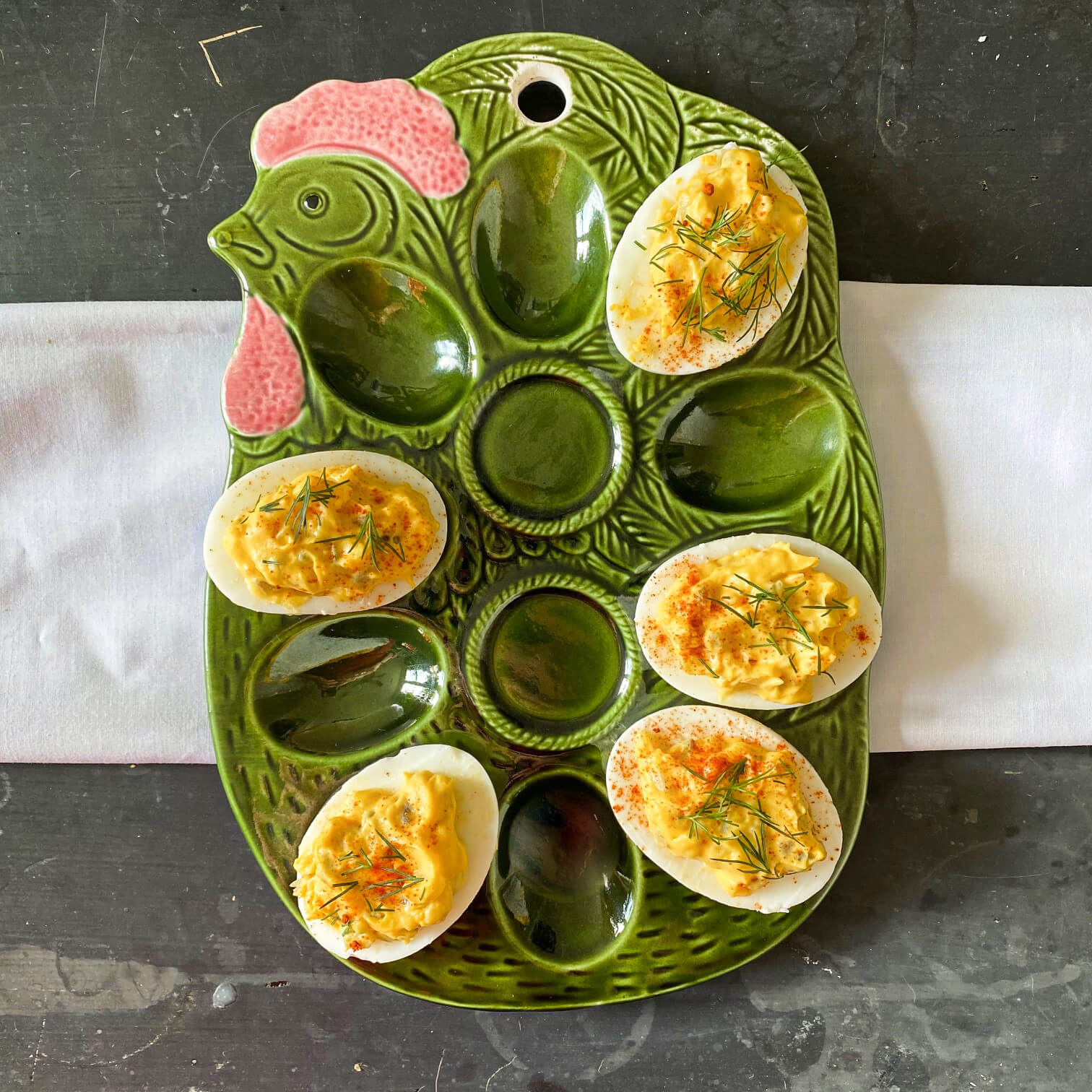 Vintage Deviled Egg Plate - Green Ceramic Chicken Serving Dish circa 1950s/1960s