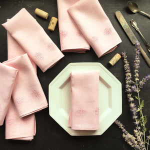 Vintage Pink Linen Dinner Napkins with Polka Dot Hemstitch - Set of 8