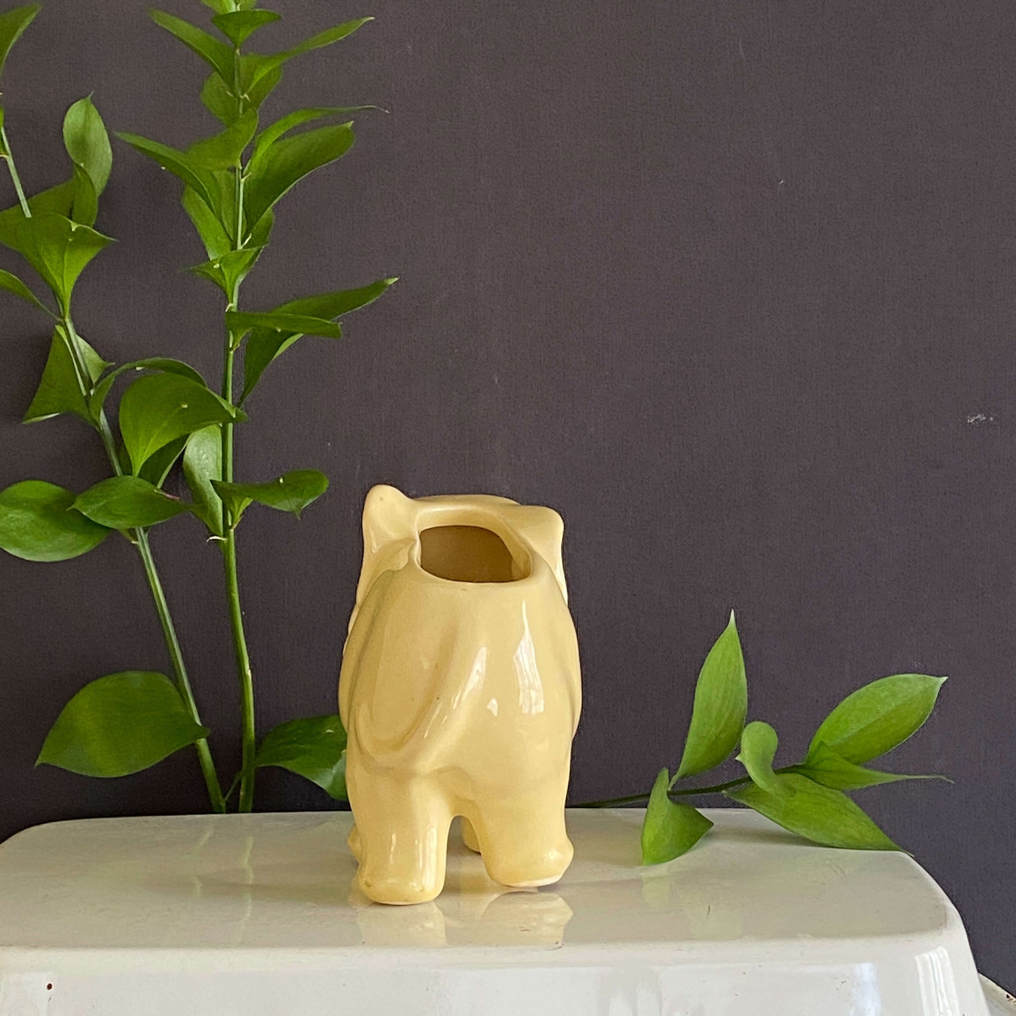 Vintage 1950s Elephant Planter Vase - Butter Yellow