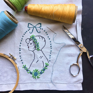 Vintage Embroidered Portrait of a Lady Hand Towel  with Ribbon and Flowers