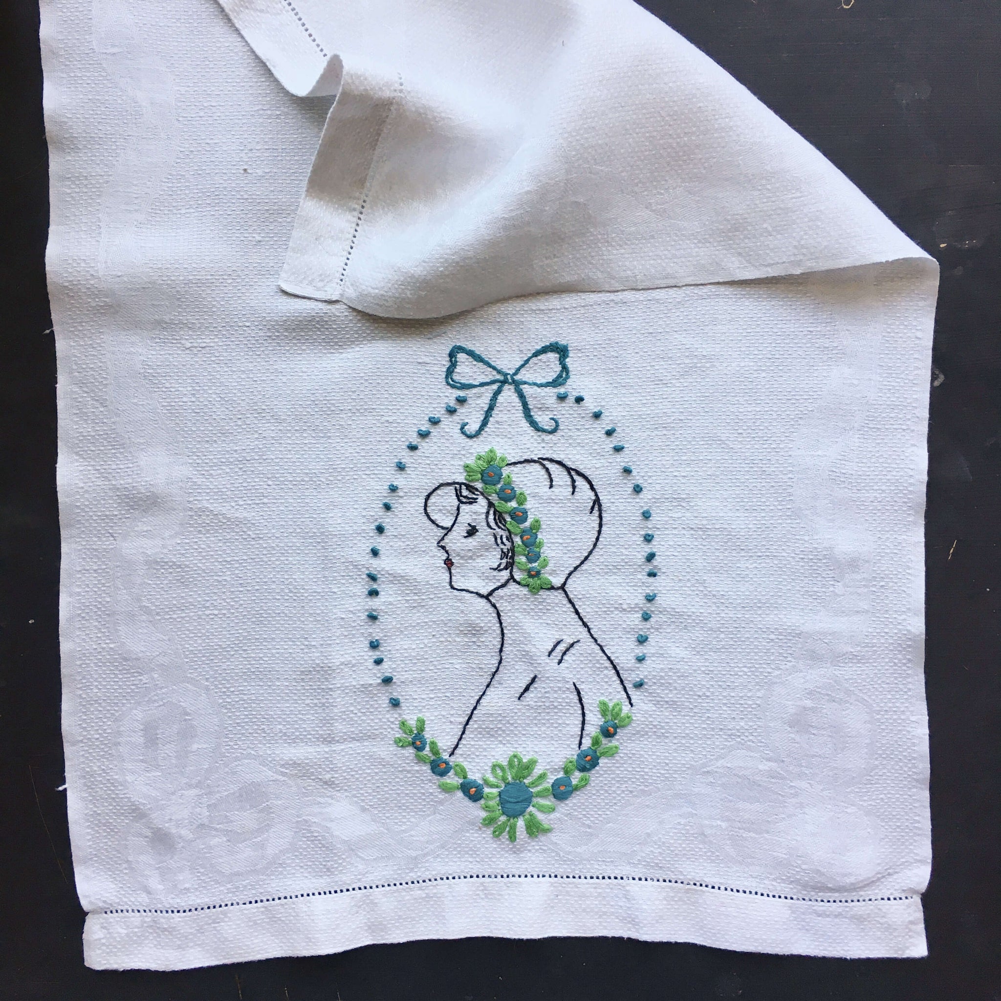 Vintage Embroidered Portrait of a Lady Hand Towel  with Ribbon and Flowers