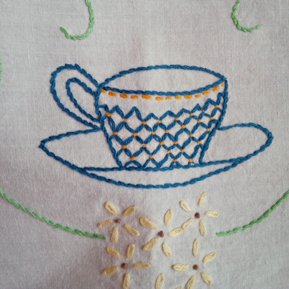 Vintage Embroidered Cotton Tablecloth and Runner - Teacup with Flowers Design - Set of Two