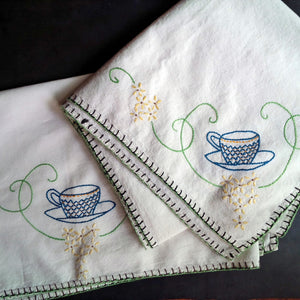 Vintage Embroidered Cotton Tablecloth and Runner - Teacup with Flowers Design - Set of Two
