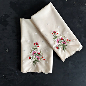 Vintage Cotton Embroidered Kitchen Cloths - Set of Two - Scalloped Edges