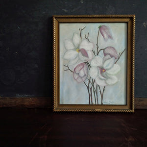 1940s Craypas Drawing - Original Floral Art Signed by the Artist  - Purple Lily Magnolia Flowers