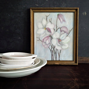 1940s Craypas Drawing - Original Floral Art Signed by the Artist  - Purple Lily Magnolia Flowers