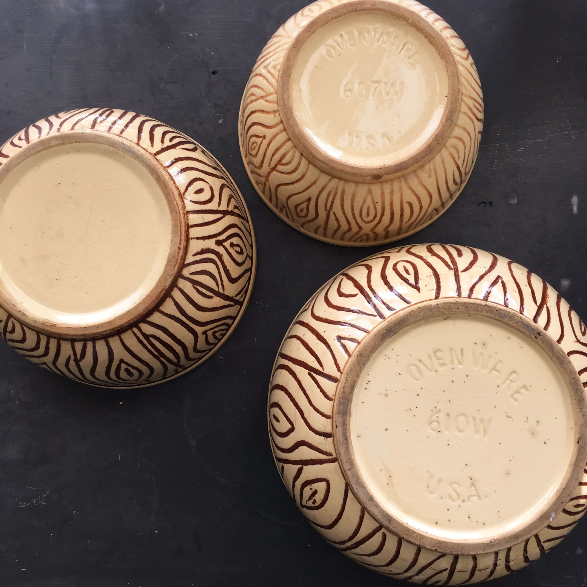 Vintage Watt Wood Grain Mixing Bowls - Very Rare Set of Three Faux Bois Style Nesting Bowls circa 1940s