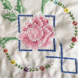 Vintage Embroidered Square Tablecloth 32x34 Cross Stitch Roses & Florals