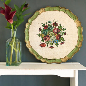 Vintage Green and Gold Florentine Tray - Round Floral Tray - Handmade in Italy