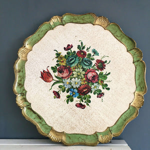 Vintage Green and Gold Florentine Tray - Round Floral Tray - Handmade in Italy