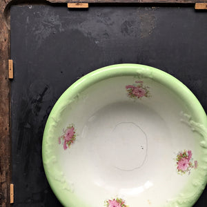Large Antique Ironstone Wash Basin  - Green and White Embossed Pattern with Purple Flowers