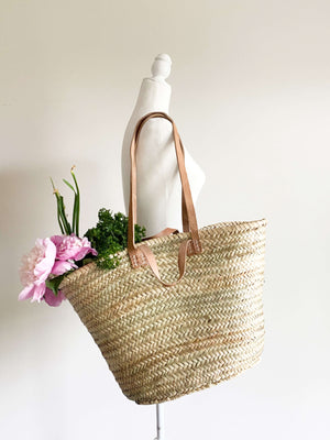 French Market Bag - Handwoven Palm Leaf Bag with Leather Handles and Shoulder Straps