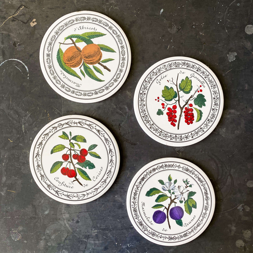 Vintage Round Tiles - French Fruit and Berry Design - Ceramic Trivets, Hot Plates, Wall Hangings