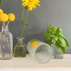 Vintage Frosted Glass Vase with Yellow Roses