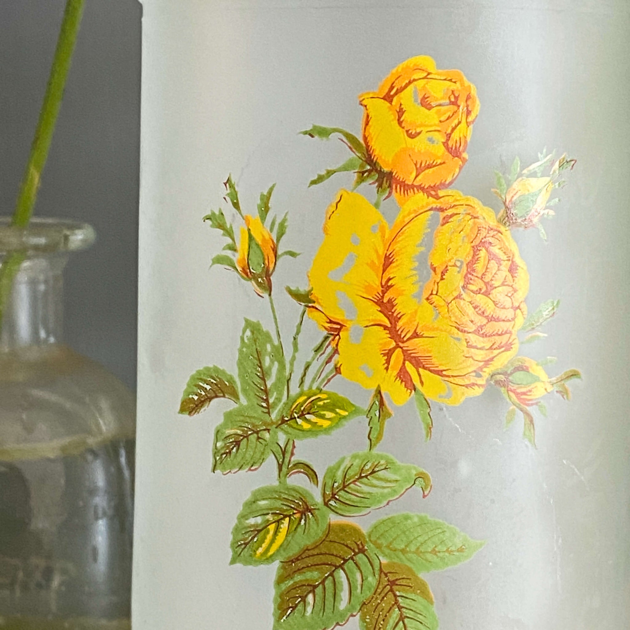 Vintage Frosted Glass Vase with Yellow Roses