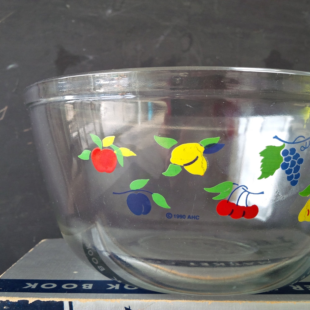 Vintage Anchor Hocking Ovenware Clear Glass Mixing Bowls  - Rare Fruit Pattern - Size No. 1056 and 1058 - Set of Two