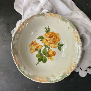 Vintage German Porcelain Bowl with Yellow Roses and Lustreware Leaf Pattern