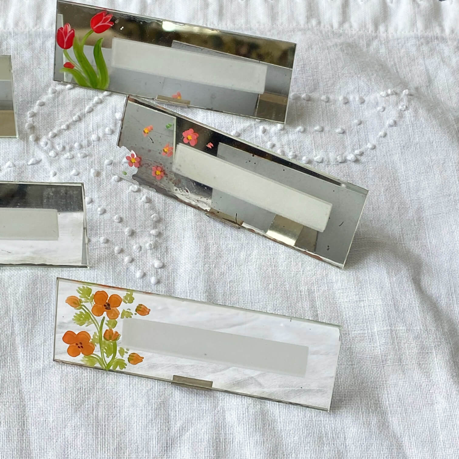 Vintage Floral Place Cards - Mirrored Glass Set of 8 - Glass Craft Line by The Glass Craftsmen Los Angeles circa 1930s