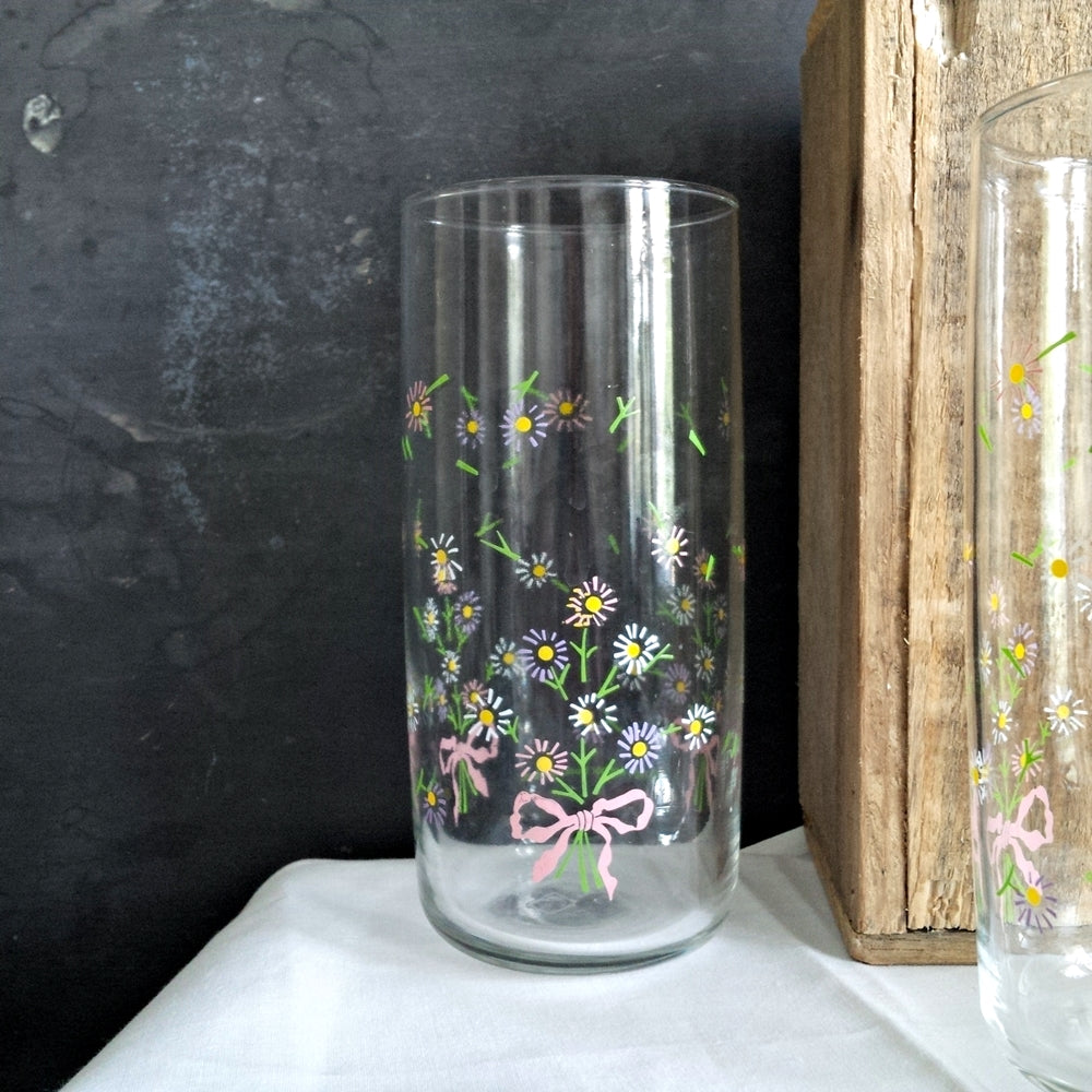 Vintage Anchor Hocking 16oz Floral Drinking Glasses - Floral Ribbon Bouquets - 1980s Lemonade Glasses - Set of 4
