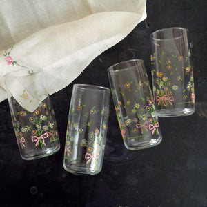 Vintage Anchor Hocking 16oz Floral Drinking Glasses - Floral Ribbon Bouquets - 1980s Lemonade Glasses - Set of 4