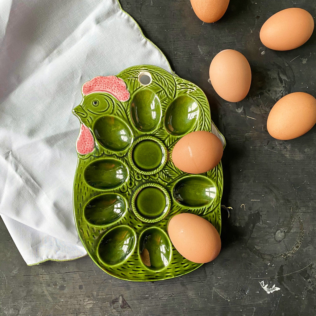 Vintage Deviled Egg Plate - Green Ceramic Chicken Serving Dish circa 1950s/1960s