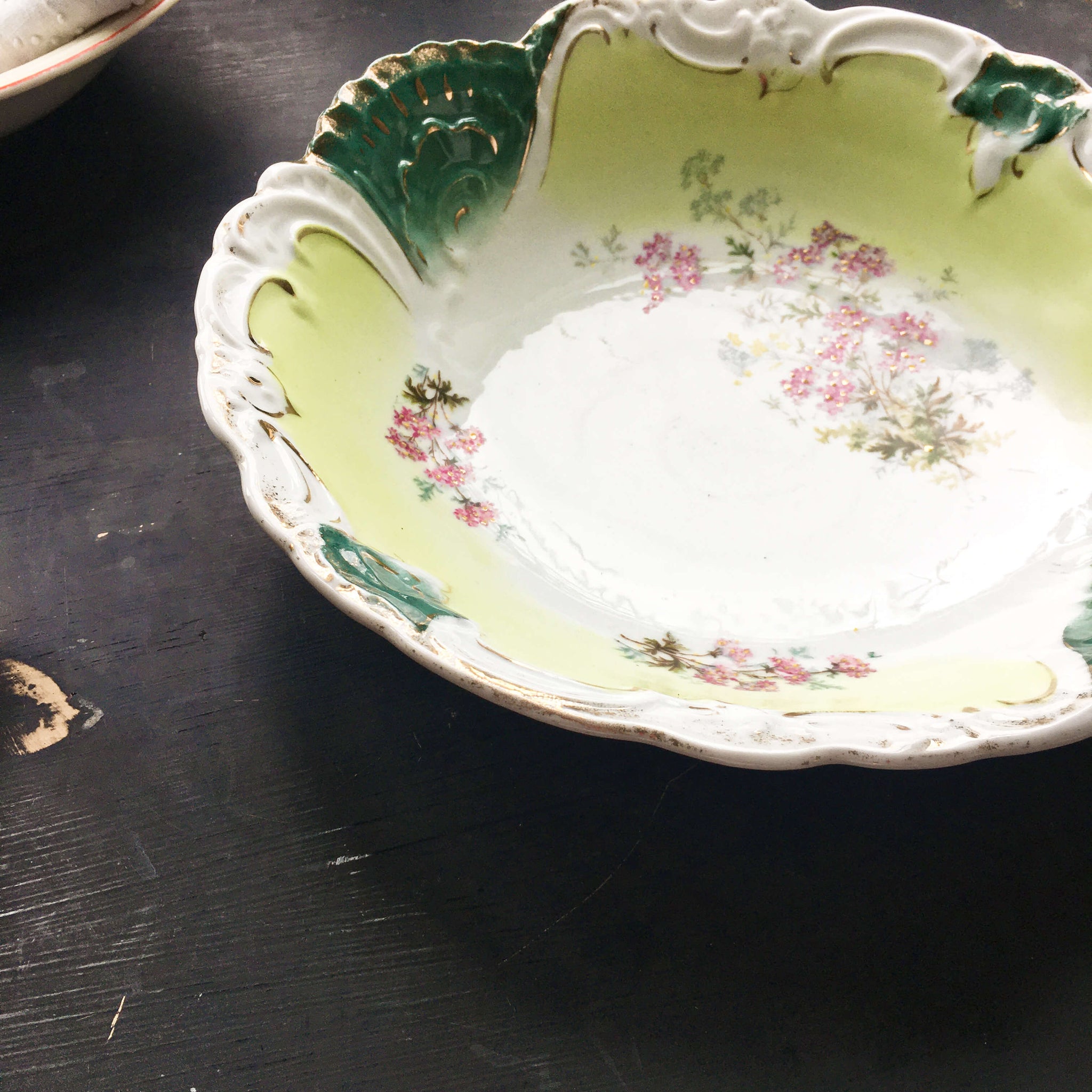Antique Green and White Porcelain Bowl with Pink Flowers Gold Accents and Embossed Details