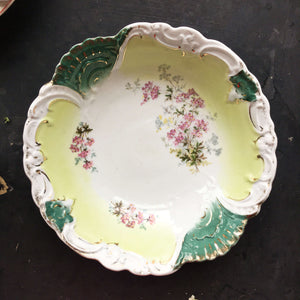 Antique Green and White Porcelain Bowl with Pink Flowers Gold Accents and Embossed Details