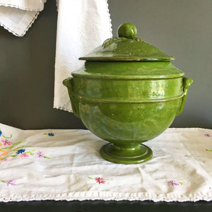Vintage French Pottery Tureen - Green Glazed Stoneware - Pedestal Style with Fruit and Leaf Handle on Lid