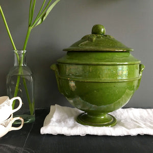 Vintage French Pottery Tureen - Green Glazed Stoneware - Pedestal Style with Fruit and Leaf Handle on Lid