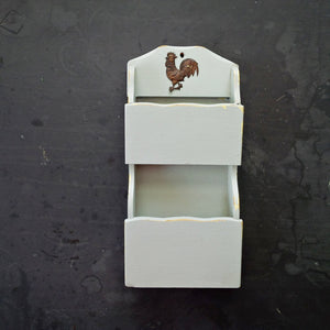 Vintage Grey Wood Pocket Shelf Organizer - Two Tiered Boxes with Rooster - Tilso Japan