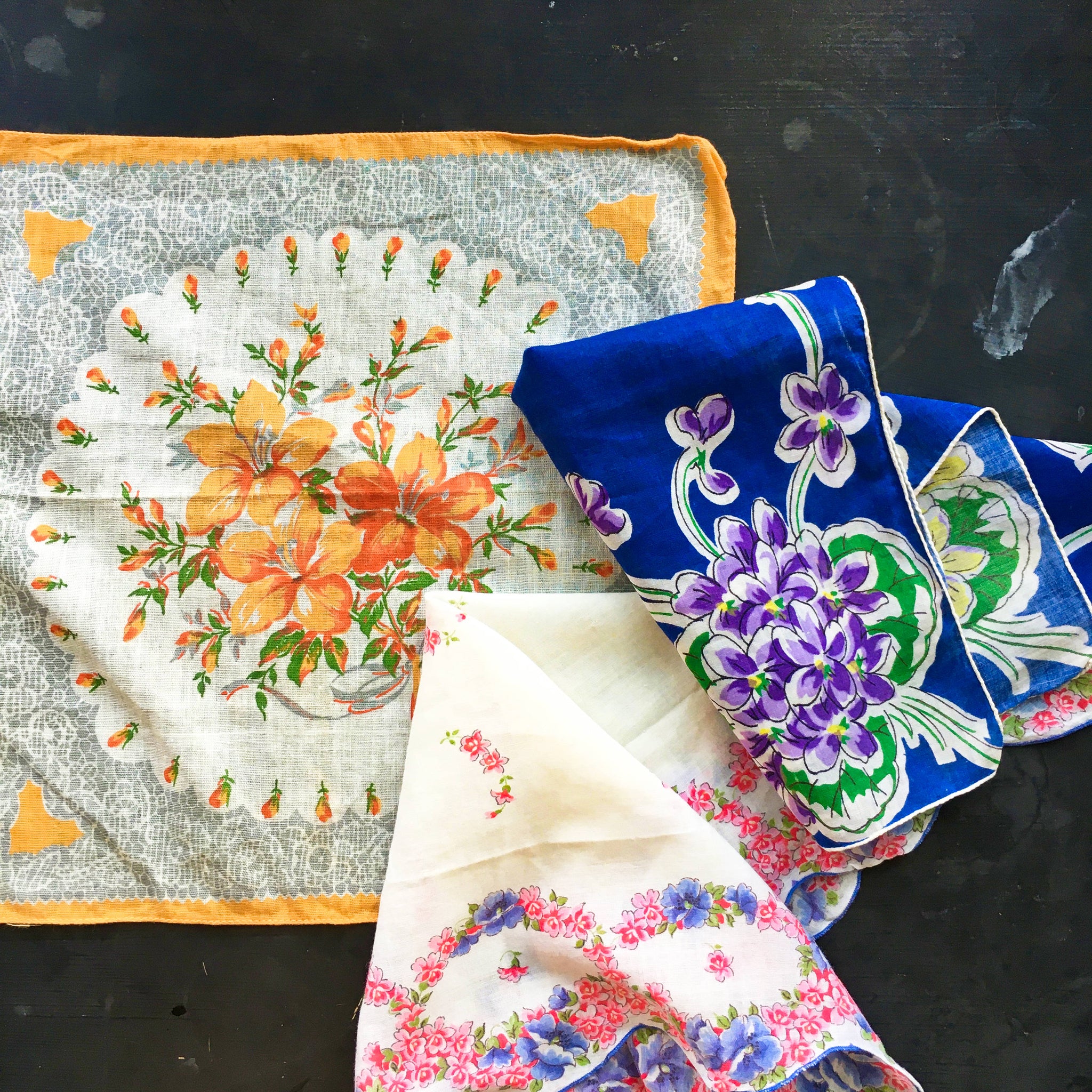 Set of Three Vintage Floral Handkerchiefs - Orange Blue and Pink Florals circa 1940s 1950s