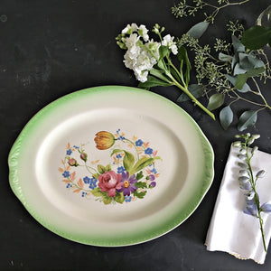 Rare Vintage 1970s Homer Laughlin Floral Platter - Green Spray Rim Tulip and Roses Centerpiece