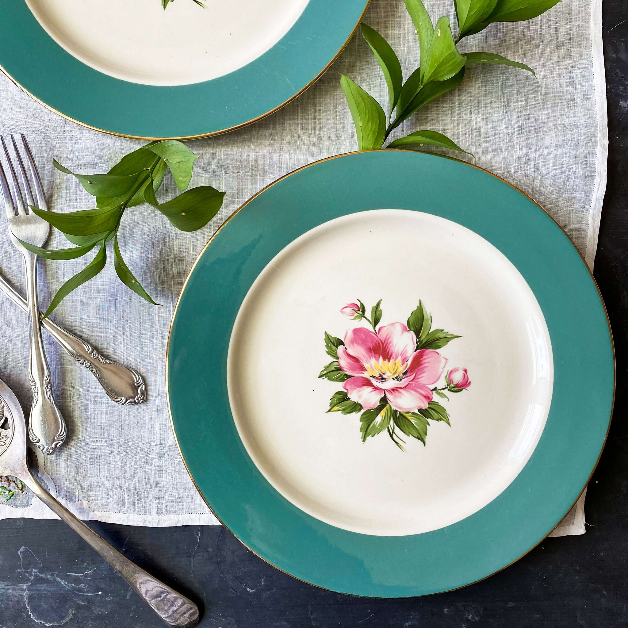 Vintage 1950s Pink Rose Dinner Plates - Empire Green Pattern Homer Laughlin - Set of Two
