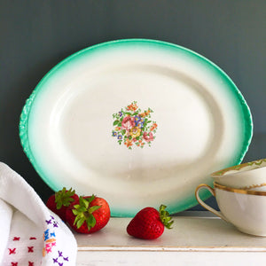 Vintage 1940s Homer Laughlin Nautilus Platter - Rare Sea Green Spray Rim and Center Floral Design B40N8