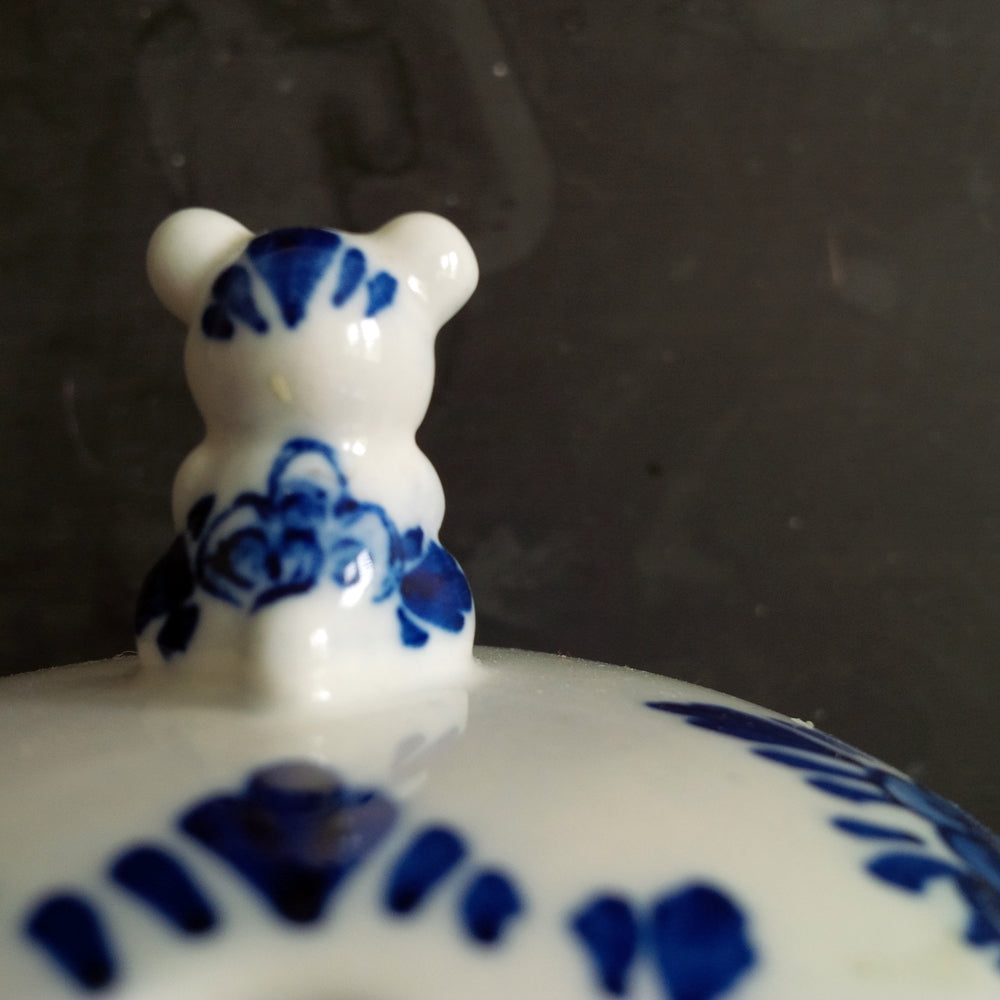 Vintage Delft Blue Honey Jar with Teddy Bear Lid - Handpainted Blue and White D.A.I.C. Teddy Bear Pattern