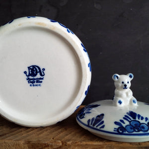 Vintage Delft Blue Honey Jar with Teddy Bear Lid - Handpainted Blue and White D.A.I.C. Teddy Bear Pattern