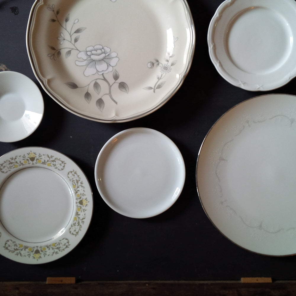The Honeymoon Collection - Vintage Mix & Match China Collection-  Silver & White - Six Pieces