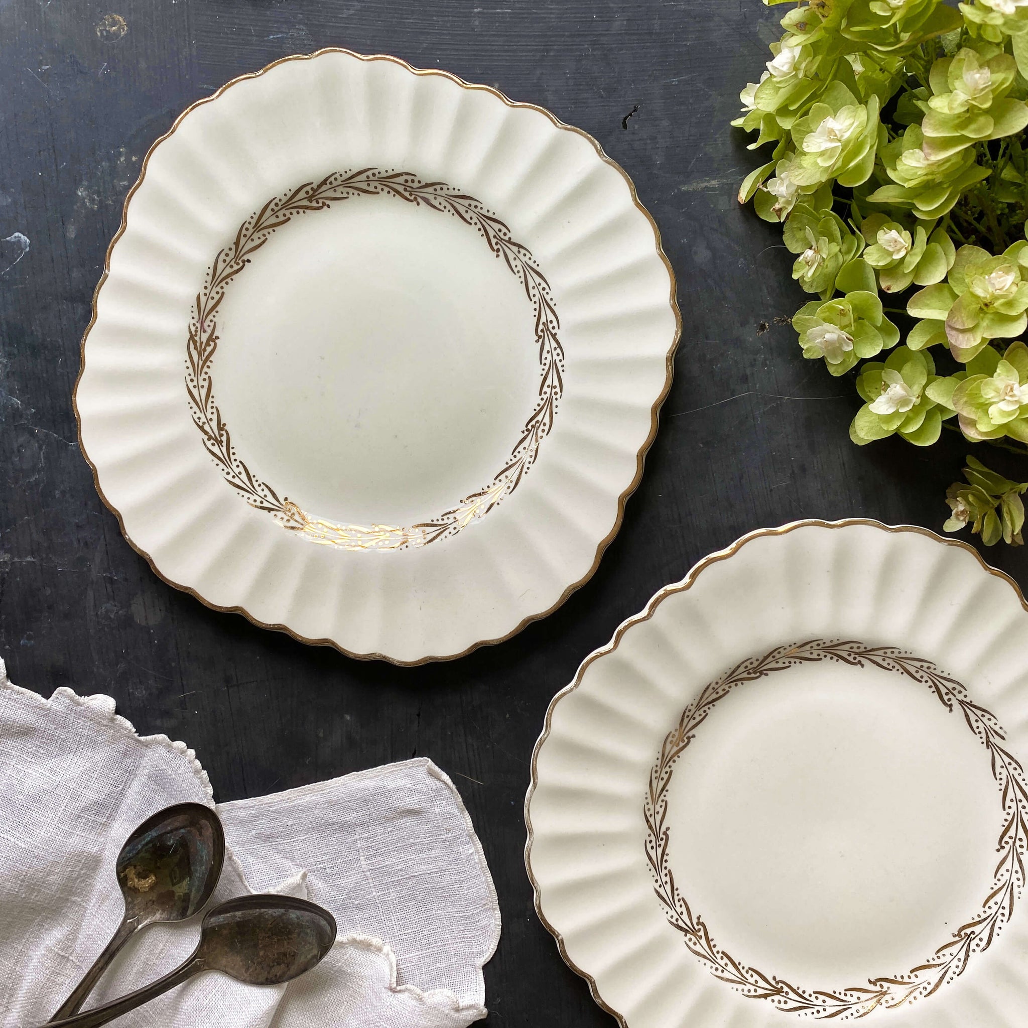 VINTAGE J & G MEAKIN CLASSIC WHITE GARLAND GOLD SQUARE DESSERT PLATES -SET OF TWO CIRCA 1960S