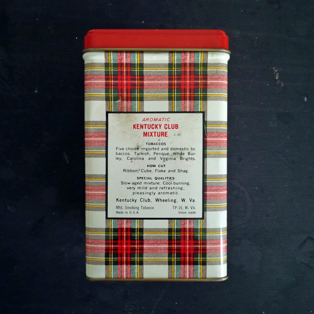 Vintage Midcentury Tobacco Tin - Aromatic Kentucky Club Mixture - Red Plaid Equestrian Tin