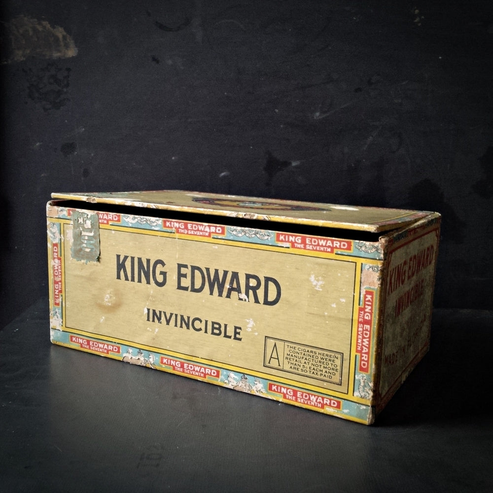 King Edward the Seventh Invincible Cigar Box - 1920s Extra Large Storage Container - Original Paper Labels