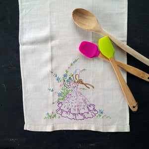Vintage Embroidered Linen Tea Towel - Girl in Dress Picking Flowers