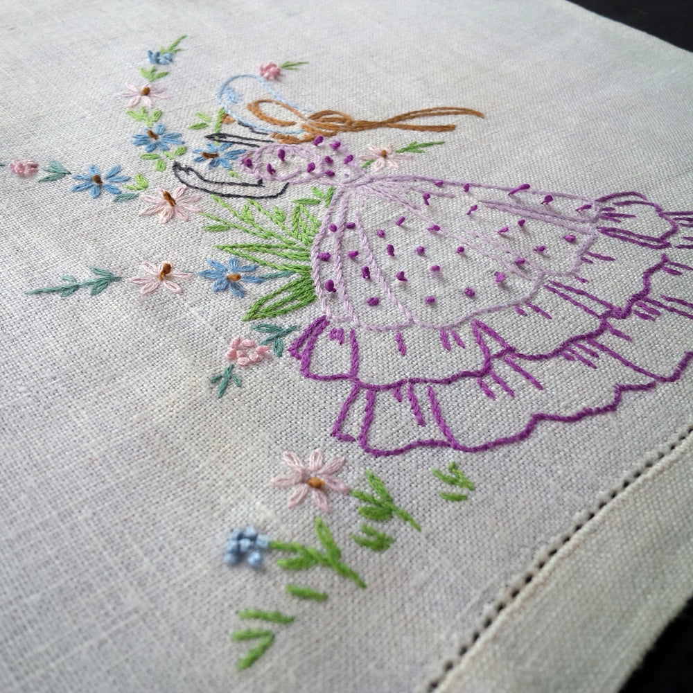 Vintage Embroidered Linen Tea Towel - Girl in Dress Picking Flowers